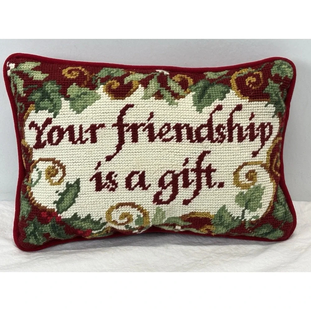 Small Needlepoint Pillow 'your Friendship Is A Gift' Red Velvet Back Vtg Look